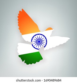 State flag of India in the shape of a bird. Dove flapping its wings on a gray background. Symbol of love and peace concept. Holyday design poster, banner, card. Vector illustration