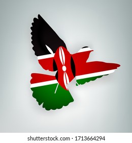 State flag of Kenya (Republic of Kenya) in the shape of a bird. Flying dove flaps its wings on a gray background. Symbol of love and peace concept. Vector illustration