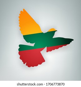 State flag of Lithuania (Republic of Lithuania) in the shape of a bird. Flying dove flaps its wings on a gray background. Symbol of love and peace concept. Vector illustration