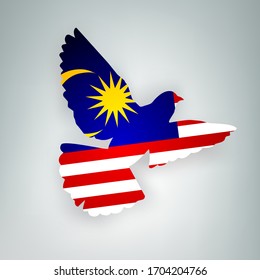 State flag of Malaysia  in the shape of a bird. Flying dove flaps its wings on a gray background. Symbol of love and peace concept. Vector illustration