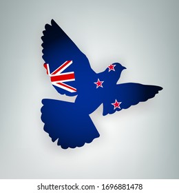 State flag of New Zealand (State of Israel) in the shape of a bird. Flying dove flaps its wings on a gray background. Symbol of love and peace concept. Vector illustration