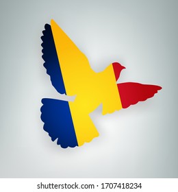 Bandera estatal de Rumania en forma de ave. La paloma voladora aleta sus alas sobre un fondo gris. Símbolo del concepto de amor y paz. Ilustración del vector