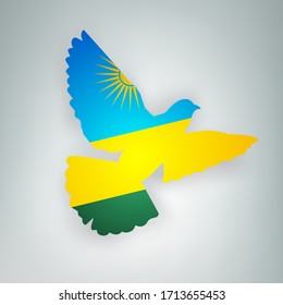 State flag of Rwanda (Republic of Rwanda) in the shape of a bird. Flying dove flaps its wings on a gray background. Symbol of love and peace concept. Vector illustration