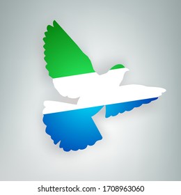 State flag of Sierra Leone (Republic of Sierra Leone) in the shape of a bird. Flying dove flaps its wings on a gray background. Symbol of love and peace concept. Vector illustration