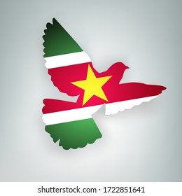 State flag of Suriname (Republic of Suriname) in the shape of a bird. Flying dove flaps its wings on a gray background. Symbol of love and peace vector concept. Holyday design banner