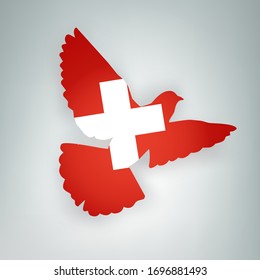 State flag of Switzerland (Swiss Confederation) in the shape of a bird. Flying dove flaps its wings on a gray background. Symbol of love and peace concept. Vector illustration