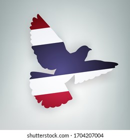 State flag of Thailand (Kingdom of Thailand) in the shape of a bird. Flying dove flaps its wings on a gray background. Symbol of love and peace concept. Vector illustration