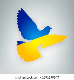 State flag of Ukraine in the shape of a bird. Flying dove flaps its wings on a gray background. Symbol of love and peace concept. Vector illustration