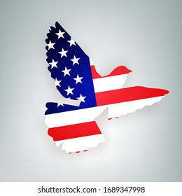 State flag of United States of America (USA) in the shape of a bird. Dove flapping its wings on a gray background. Symbol of love and peace concept. Vector illustration