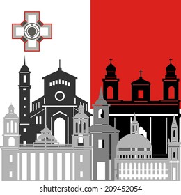 State flags and architecture of the country. Illustration on white background.