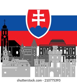 State flags and architecture of the country. Illustration on white background.