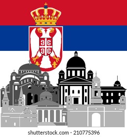 State flags and architecture of the country. Illustration on white background.