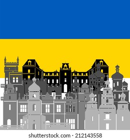 State flags and architecture of the country. Illustration on white background.