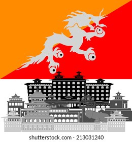 State flags and architecture of the country. Illustration on white background.