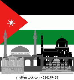 State flags and architecture of the country. Illustration on white background.