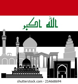 State flags and architecture of the country. Illustration on white background.