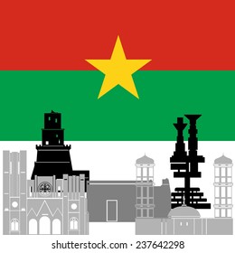 State flags and architecture of the country. Illustration on white background. Burkina Faso.