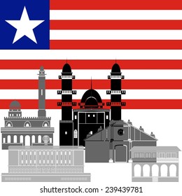State flags and architecture of the country. Illustration on white background.