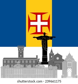 State flags and architecture of the country. Illustration on white background.