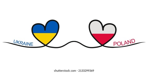 
Staatsflaggen von Polen und der Ukraine auf weißem Hintergrund. Herzform der Flaggen der Länder der Ukraine und Polens