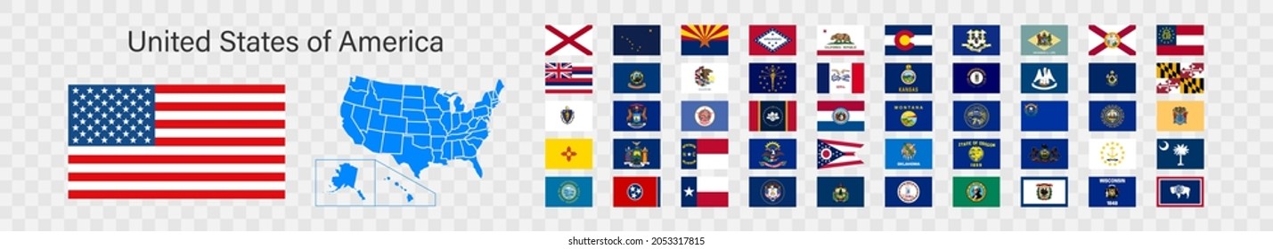 State flags of United States of America set icon and map. Regions flag vector illustration