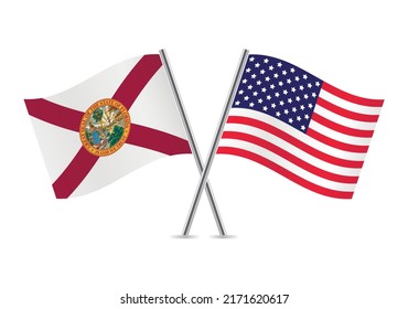 The state of Florida and America crossed flags. Floridian and American flags on white background. Vector icon set. Vector illustration.