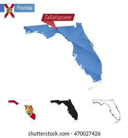 State of Florida blue Low Poly map with capital Tallahassee, versions with flag, black and outline. Vector Illustration.