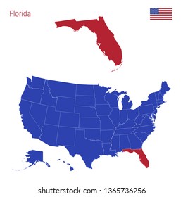 The State of Florida is Highlighted in Red. Blue Vector Map of the United States Divided into Separate States. Map of the USA Split into Individual States.