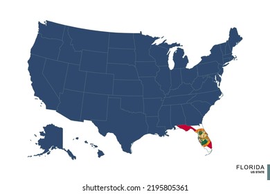 State of Florida on blue map of United States of America. Flag and map of Florida. Vector illustration.
