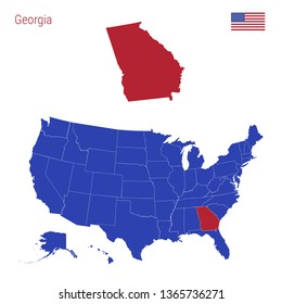 The State of Georgia is Highlighted in Red. Blue Vector Map of the United States Divided into Separate States. Map of the USA Split into Individual States.