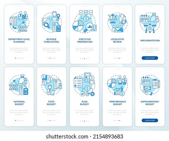 State and government budgeting blue onboarding mobile app screen set. Walkthrough 5 steps graphic instructions pages with linear concepts. UI, UX, GUI template. Myriad Pro-Bold, Regular fonts used