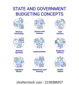 State and government budgeting concept icons set. Financial program idea thin line color illustrations. Isolated symbols. Editable stroke. Roboto-Medium, Myriad Pro-Bold fonts used