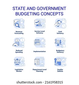 State and government budgeting light blue concept icons set. Financial program idea thin line color illustrations. Isolated symbols. Editable stroke. Roboto-Medium, Myriad Pro-Bold fonts used