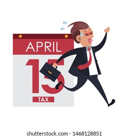 state government taxes business, executive business man managing personal finances, running and crying to pay tax cartoon vector illustration graphic design