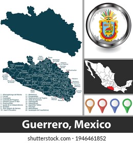 Estado de Guerrero con municipios y ubicación en el mapa mexicano. Imagen del vector