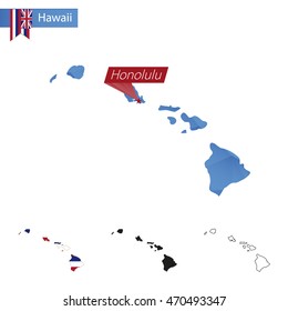 State of Hawaii blue Low Poly map with capital Honolulu, versions with flag, black and outline. Vector Illustration.