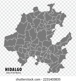 State Hidalgo of Mexico map on transparent background. Blank map of  Hidalgo  with  regions in gray for your web site design, logo, app, UI. Mexico. EPS10.