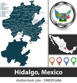 Estado de Hidalgo con municipios y ubicación en el mapa mexicano. Imagen del vector