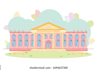 State Historical Museum. Public Building. Famous Landmark. Front View on Traditional Classic Architecture House with Entrance and Columns. Monumental World Heritage Construction. Vector Illustration