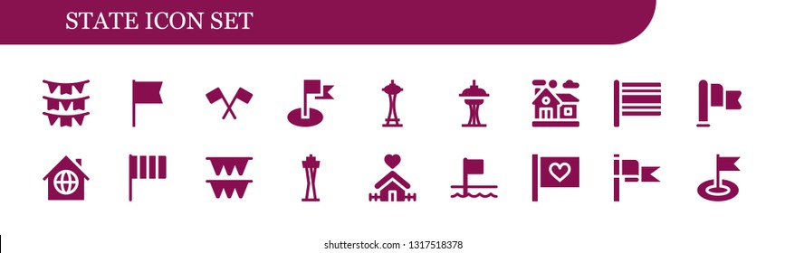 State Icon Set. 18 Filled State Icons.  Collection Of - Flags, Flag, Space Needle, Home