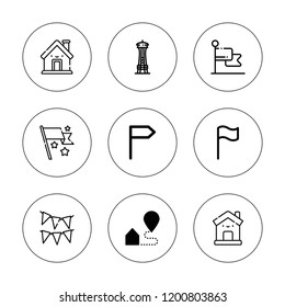 State icon set. collection of 9 outline state icons with flag, home, flags icons. editable icons.