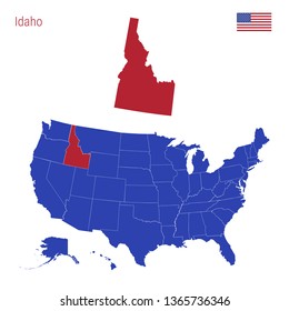 The State of Idaho is Highlighted in Red. Blue Vector Map of the United States Divided into Separate States. Map of the USA Split into Individual States.
