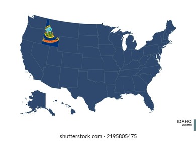 State of Idaho on blue map of United States of America. Flag and map of Idaho. Vector illustration.