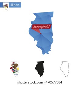 State of Illinois blue Low Poly map with capital Springfield, versions with flag, black and outline. Vector Illustration.