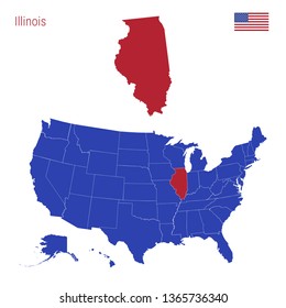 The State of Illinois is Highlighted in Red. Blue Vector Map of the United States Divided into Separate States. Map of the USA Split into Individual States.