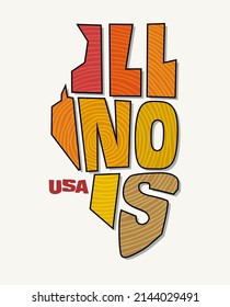 Estado de Illinois con el nombre distorsionado en forma de estado. Ilustración vectorial de estilo pop artístico para pegatinas, camisetas, afiches, medios sociales y medios impresos.