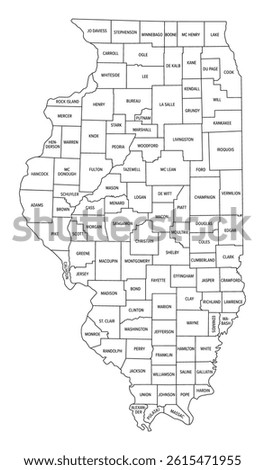 State of Illinois, subdivided into 102 counties, outline map. State in the Midwestern United States, nicknamed Land of Lincoln, Prairie State, and Inland Empire State. Isolated illustration. Vector