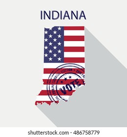 State of Indiana vector graphic map with flag and presidential day vote stamp