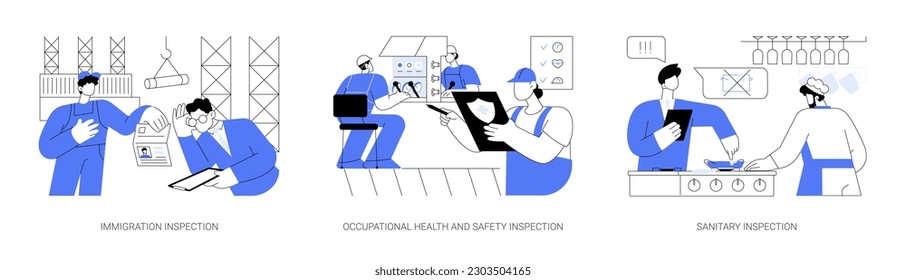 State inspections abstract concept vector illustration set. Immigration inspection, occupational health and safety examination, sanitary check, work permit and passport control abstract metaphor.