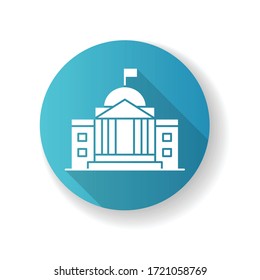 State Institution Blue Flat Design Long Shadow Glyph Icon. Supreme Court Building Entrance. National Museum Exterior. Outside Urban Bank. Embassy Facade. Silhouette RGB Color Illustration